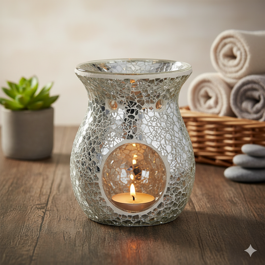 Large Silver Crackle Glass Wax Warmer & Oil Burner